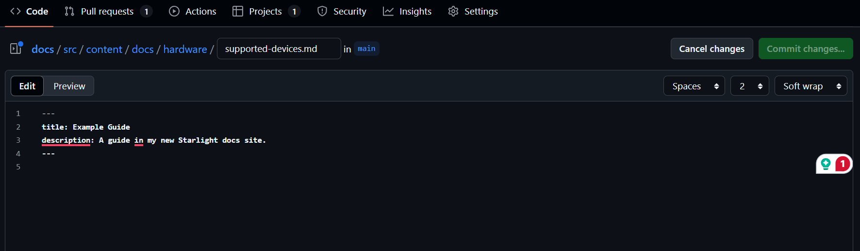 Editing the Page in GitHub