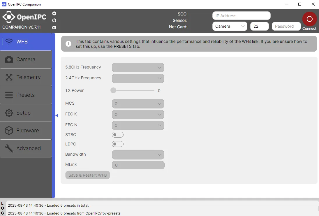 OpenIPC Companion WFB settings screen