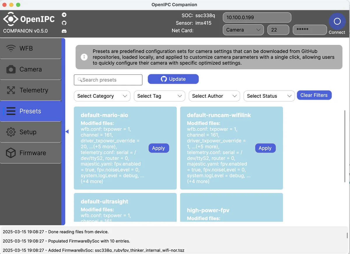 OpenIPC Companion presets screen